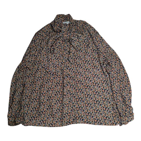 Vtg 1970s Lady Barbara Black Yellow Floral Print Button Up Bow Neck Blouse 42 XL - Picture 1 of 4